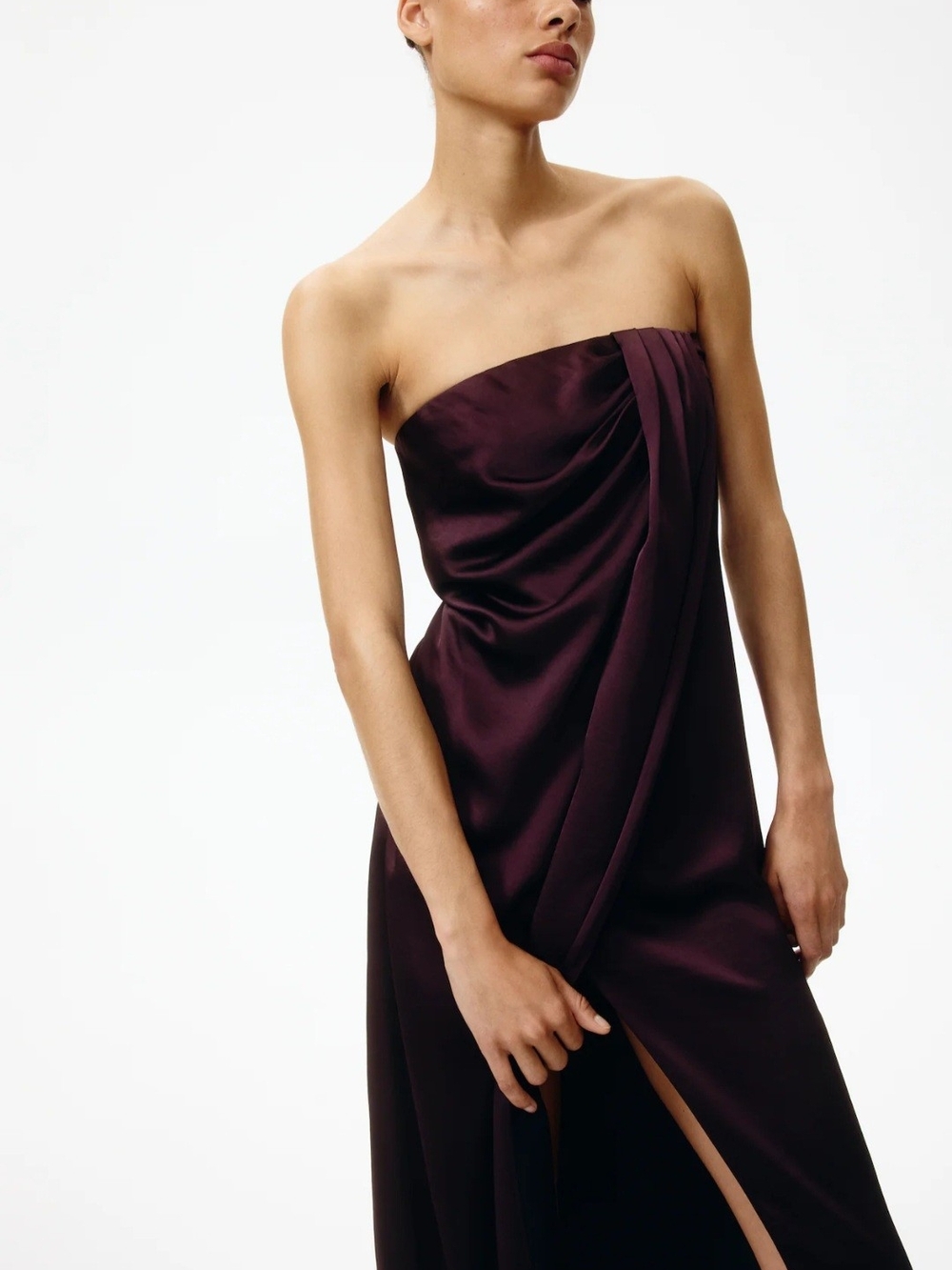 H&M Strapless Satin Evening Dress in Plum